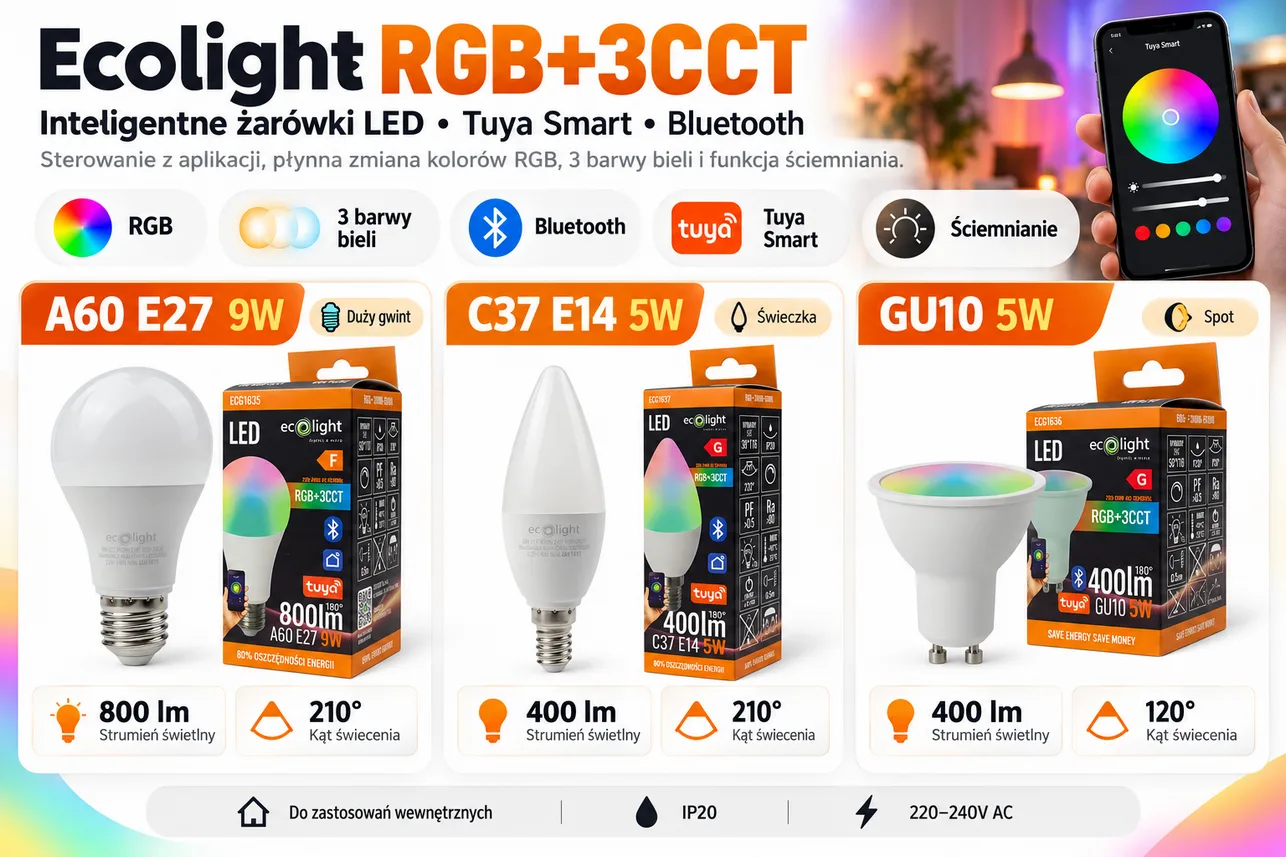 Inteligentna żarówka LED E27 9W 800lm RGB+CCT.