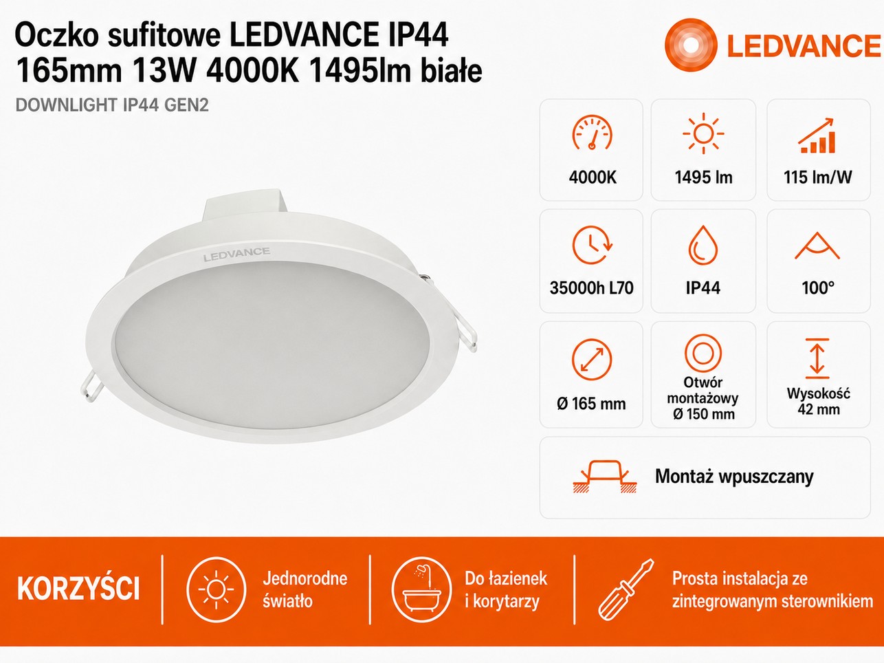  Downlight LEDVANCE 1495 lm chłodnobiały