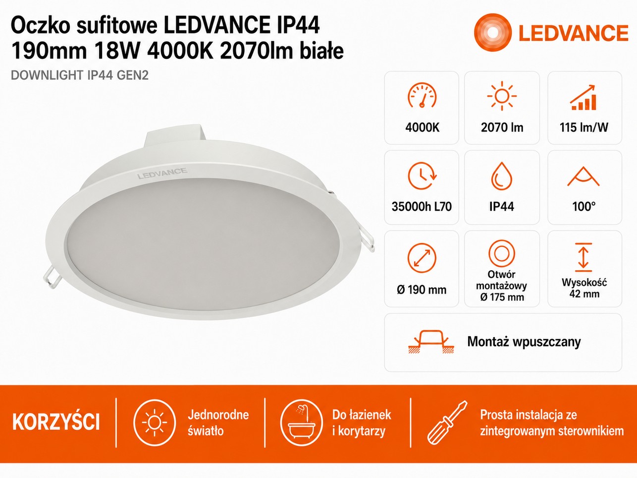 Oprawa sufitowa LED 18W 4000K