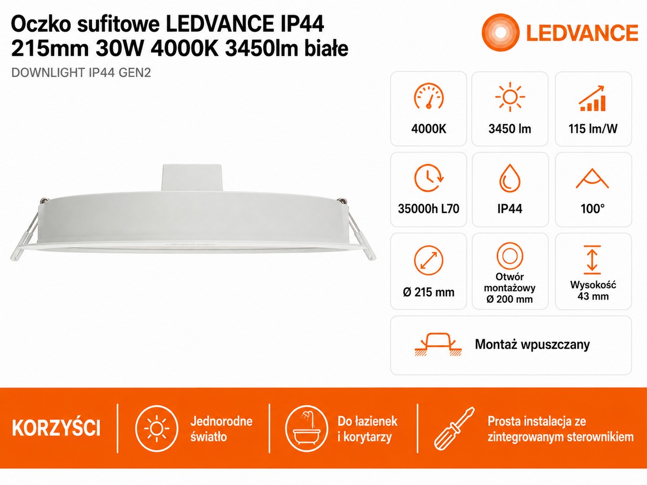 Downlight LEDVANCE 3450 lm chłodnobiały