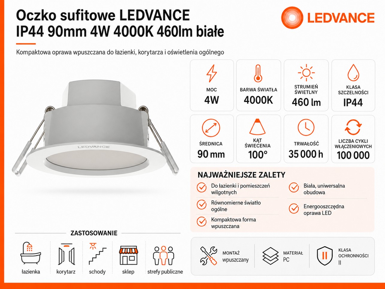 LEDVANCE Downlight IP44 DN 90 WT