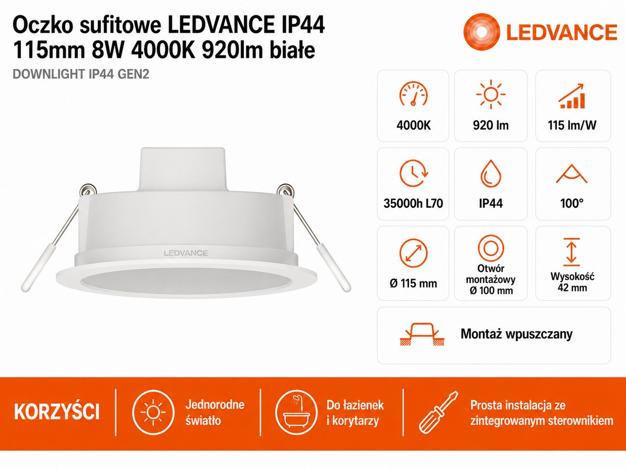 Downlight LEDVANCE 920 lm chłodnobiały