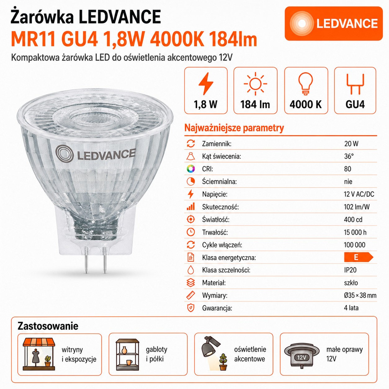 Żarówka LED MR11 1.8W=20W biała neutralna 184lm 36°