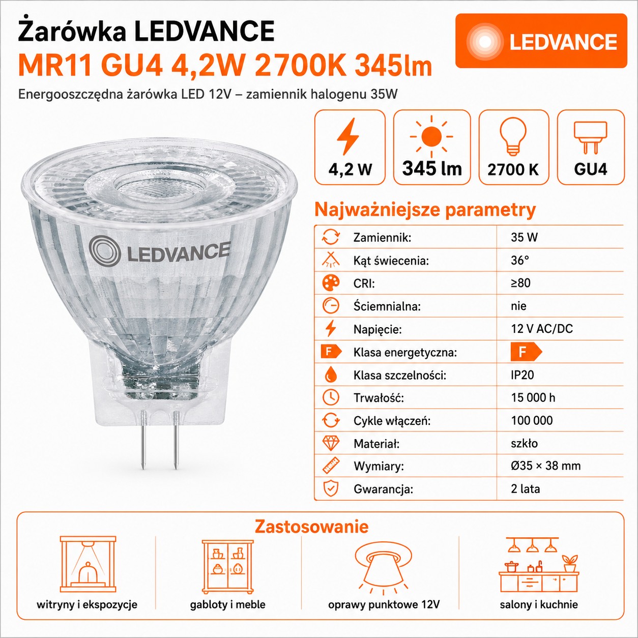 Żarówka LED MR11 4.2W=35W 2700K biała ciepła 345lm 36°
