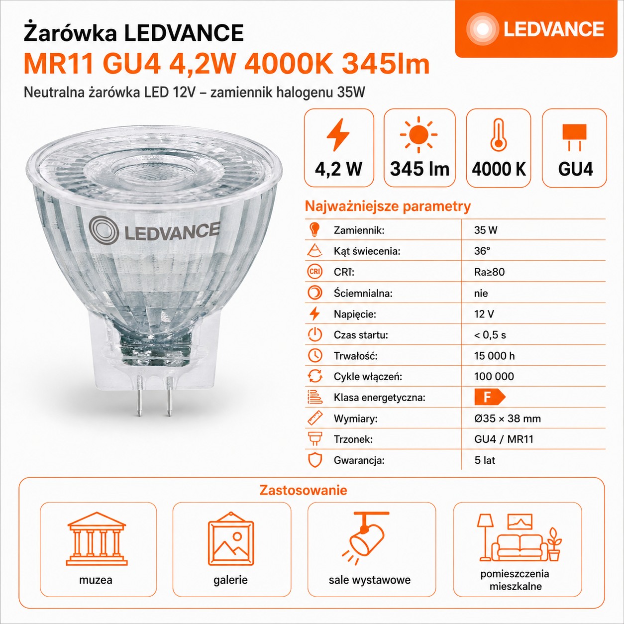 Żarówka LED MR11 4.2W=35W biała neutralna 345lm 36°
