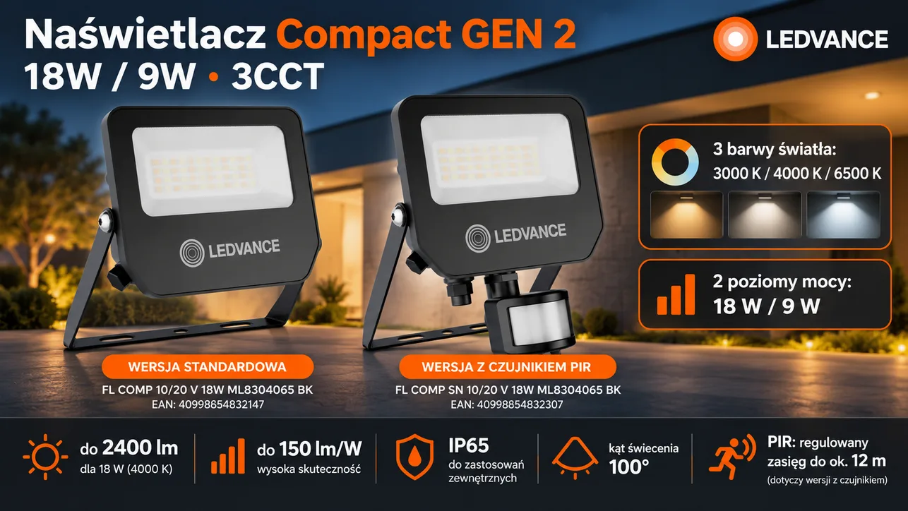 Naświetlacz LED FL COMP SN 18W/9W 3CCT 2400lm BK IP65 z czujnikiem