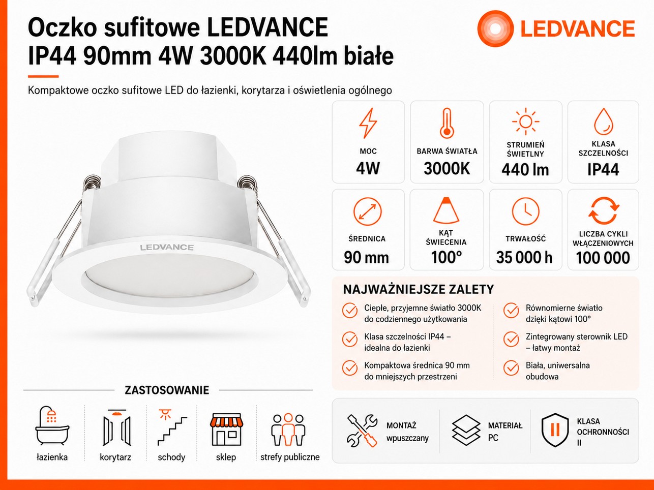 Oprawa podtynkowa LEDVANCE IP44 90mm 4W 3000K 440lm biała