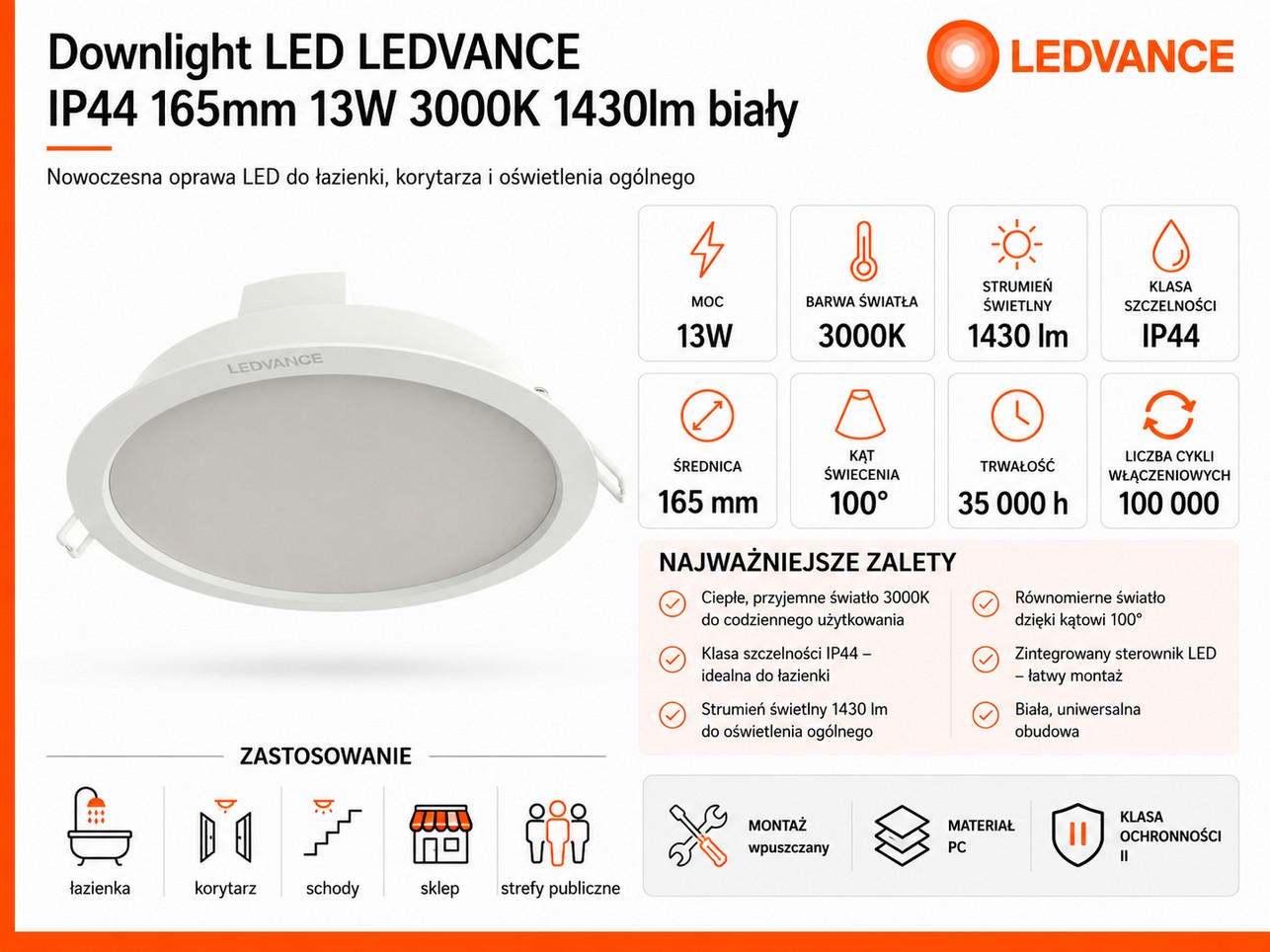 Oprawa LED podtynkowa LEDVANCE IP44 165mm 13W 3000K 1430lm biała