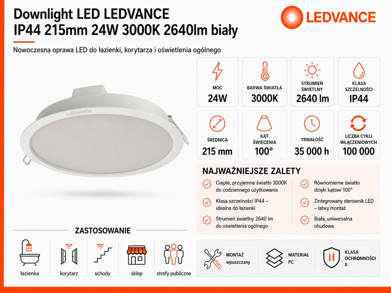 Downlight LED LEDVANCE IP44 215mm 24W 3000K