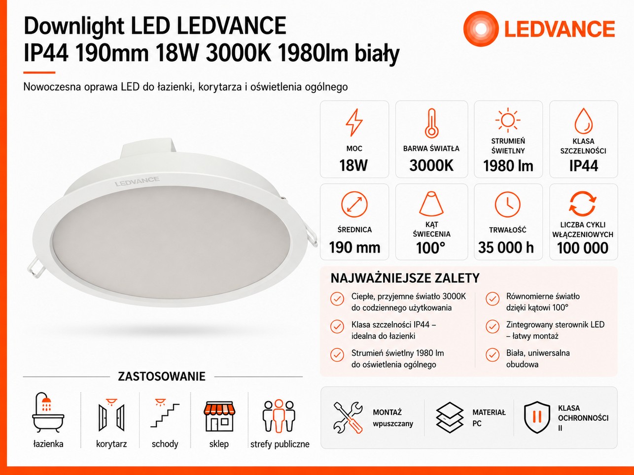 Oczko sufitowe LED LEDVANCE IP44 190mm 18W 3000K 1980lm białe