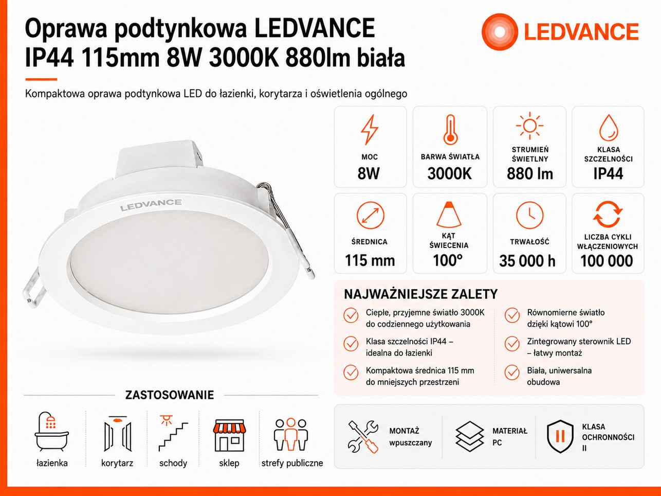 Downlight LEDVANCE IP44 115mm 8W 3000K 880lm biały