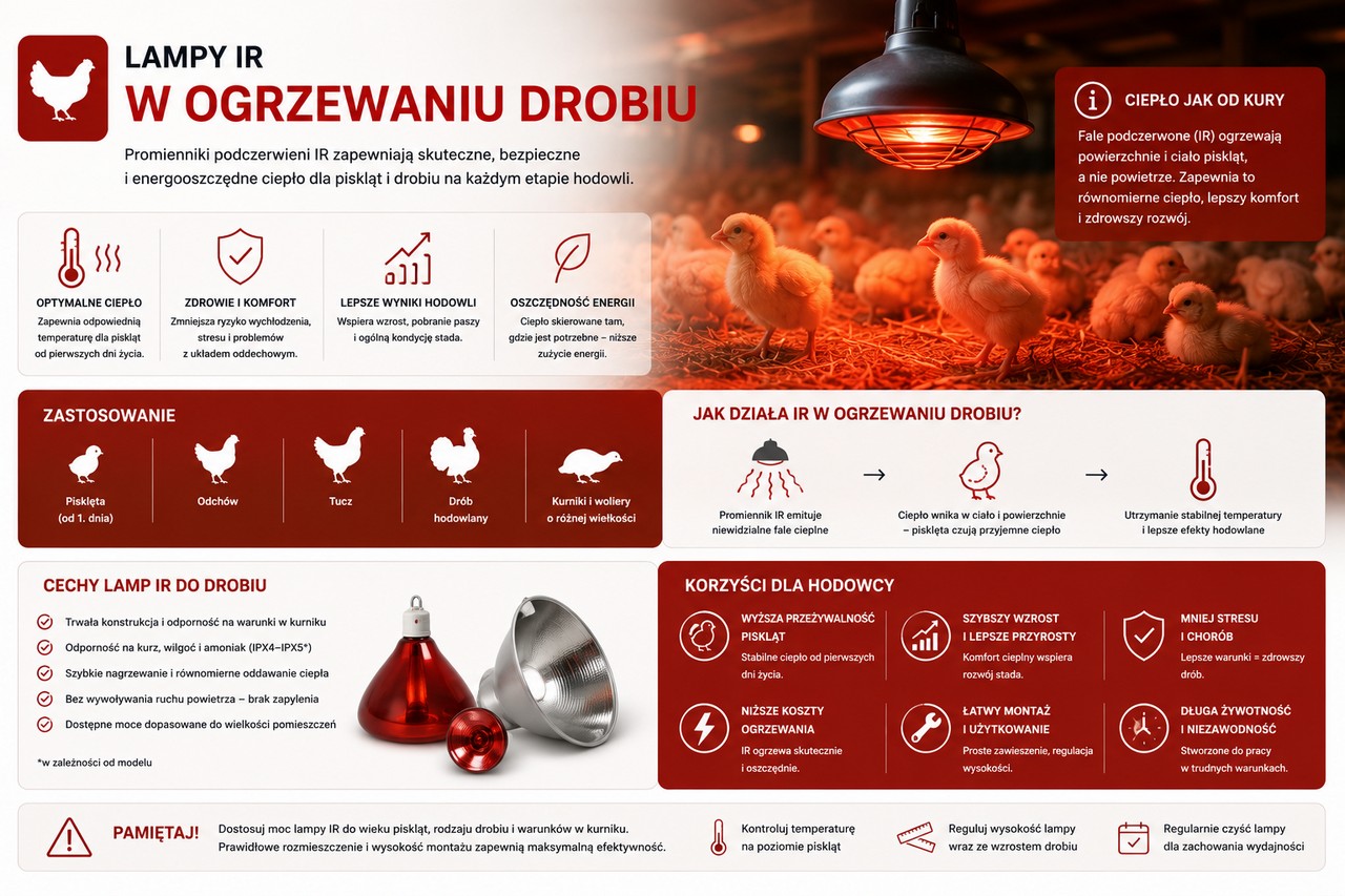 Oświetlenie IR podczerwone jako zastosowanie do ogrzewania drobiu - lampy typu kwoka. 