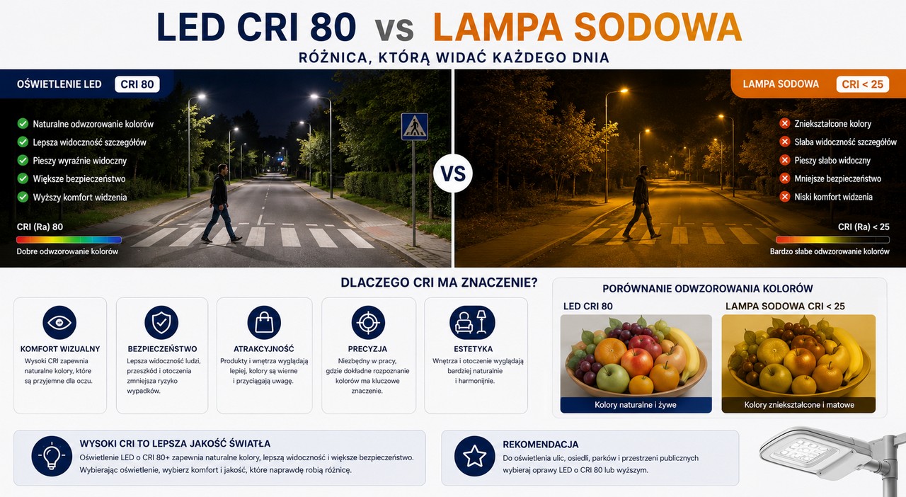 Porównanie oświetlenia ulicznego LED z CRI 80 do klasycznego z lampą sodową CRI 25
