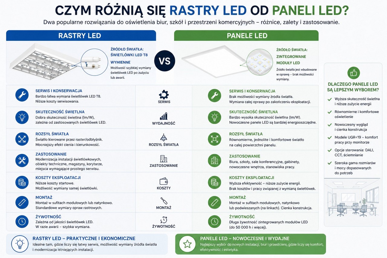 Panele LED VS Rastry LED porównanie ? 