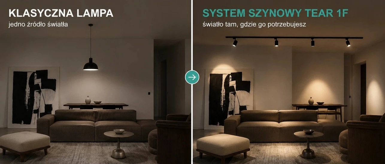 Klasyczna lampa czy system szynowy Kanlux TEAR 1F Porównanie klasycznej lampy i systemu szynowego Kanlux TEAR 1F