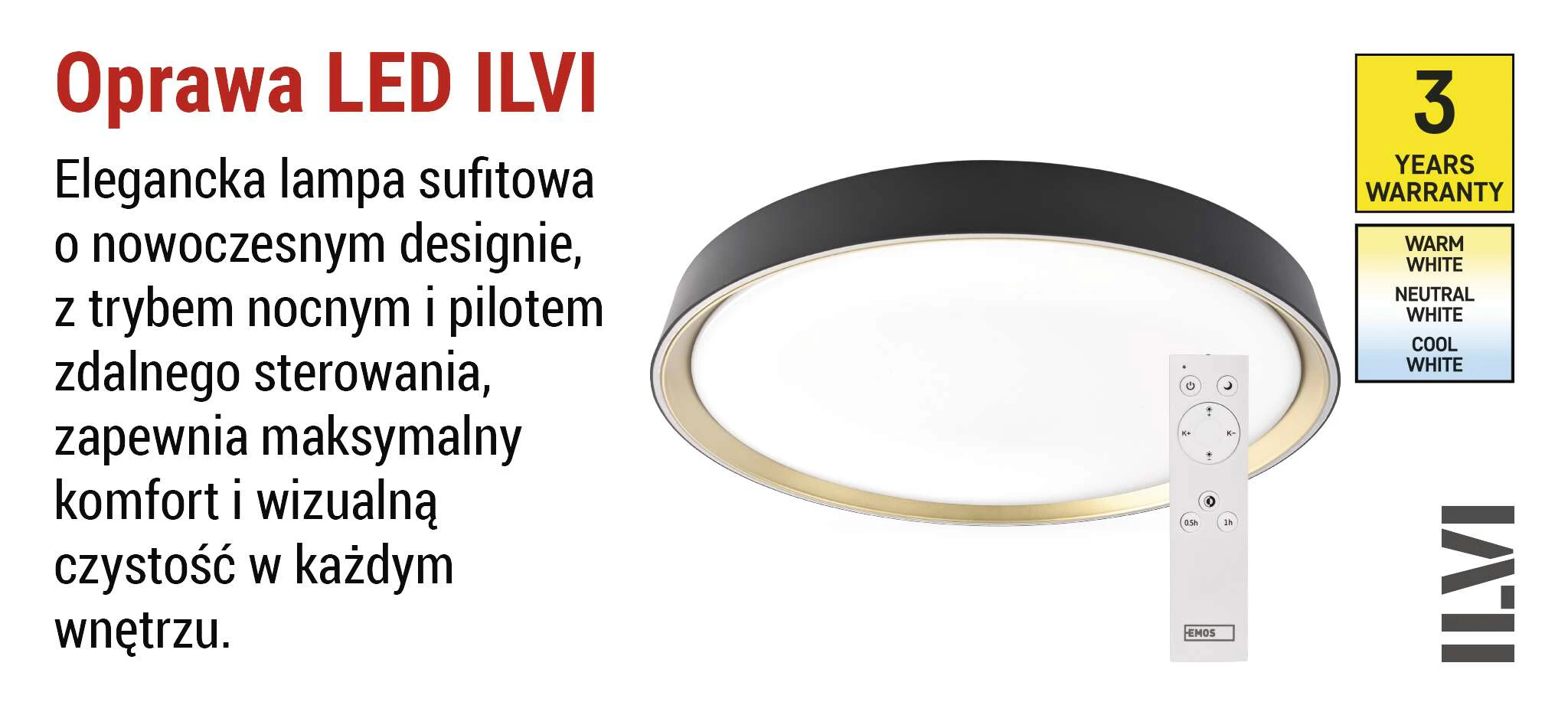 prawa LED EMOS ILVI 30W CCT regulowana ściemnialna z pilotem ∅400mm czarnaszampan