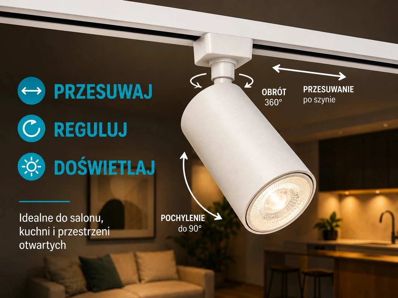 Reflektor Kanlux TEAR 1F – przesuwaj, reguluj i doświetlaj Reflektor Kanlux TEAR 1F z możliwością przesuwania i regulacji kierunku światła