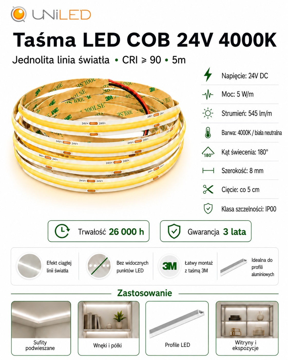 Taśma LED COB 24V 5W/m 4000K biała neutralna 545lm/m PRO 5m