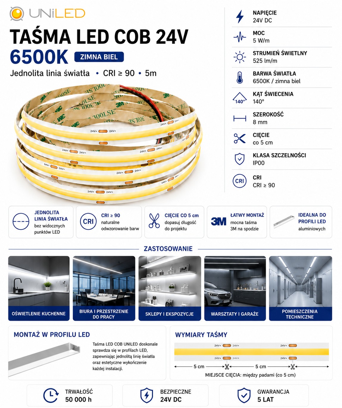Taśma LED COB 24V 5W/m 6500K biała zimna 525lm/m PRO 5m