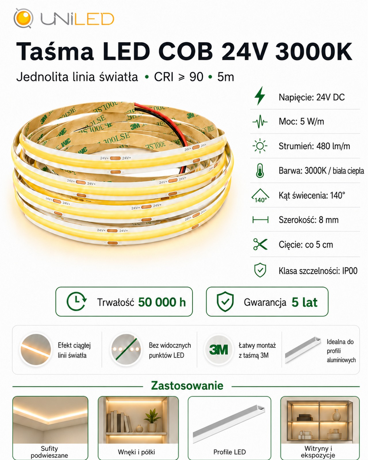 Taśma LED COB 24V 5W/m 3000K biała ciepła 480lm/m PRO 5m