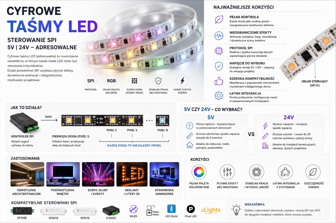 Cyfrowe taśmy LED - zastosowania, czym są ?