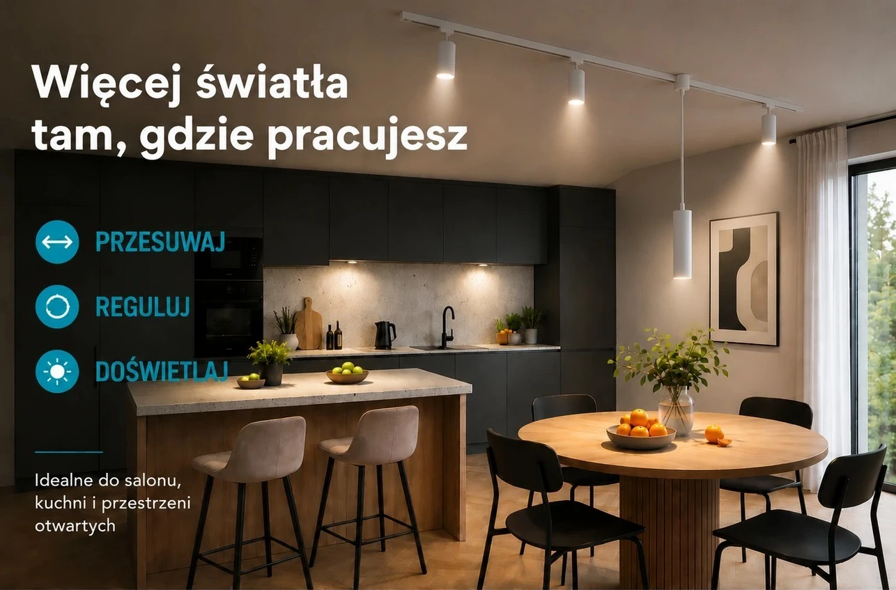 Więcej światła tam, gdzie pracujesz – Kanlux TEAR 1F System szynowy Kanlux TEAR 1F do doświetlenia stołu i wyspy kuchennej