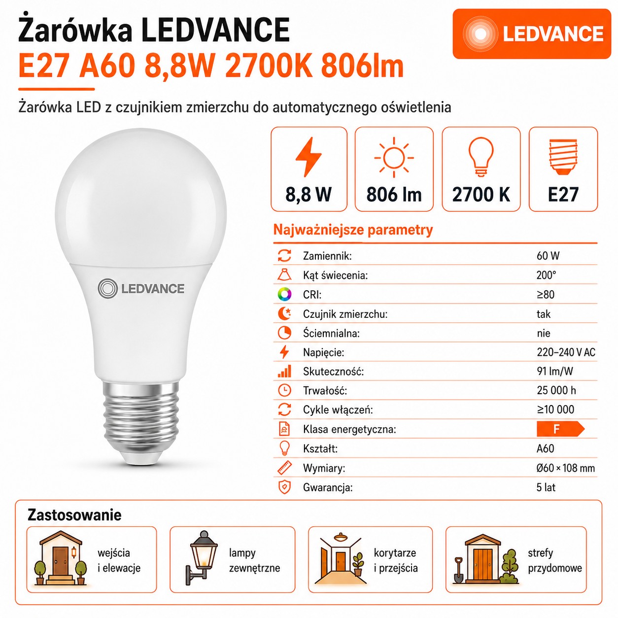 Żarówka LED E27 czujnik zmierzchu A60 8.8W 806lm 2700K b. ciepła 230V 200°