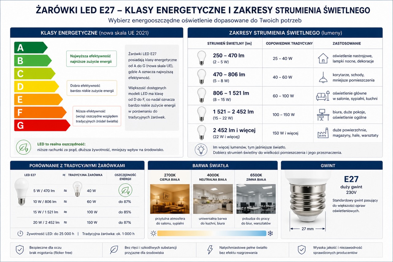 Klasy energetyczne żarówek LED i porównanie strumienia świetllengo